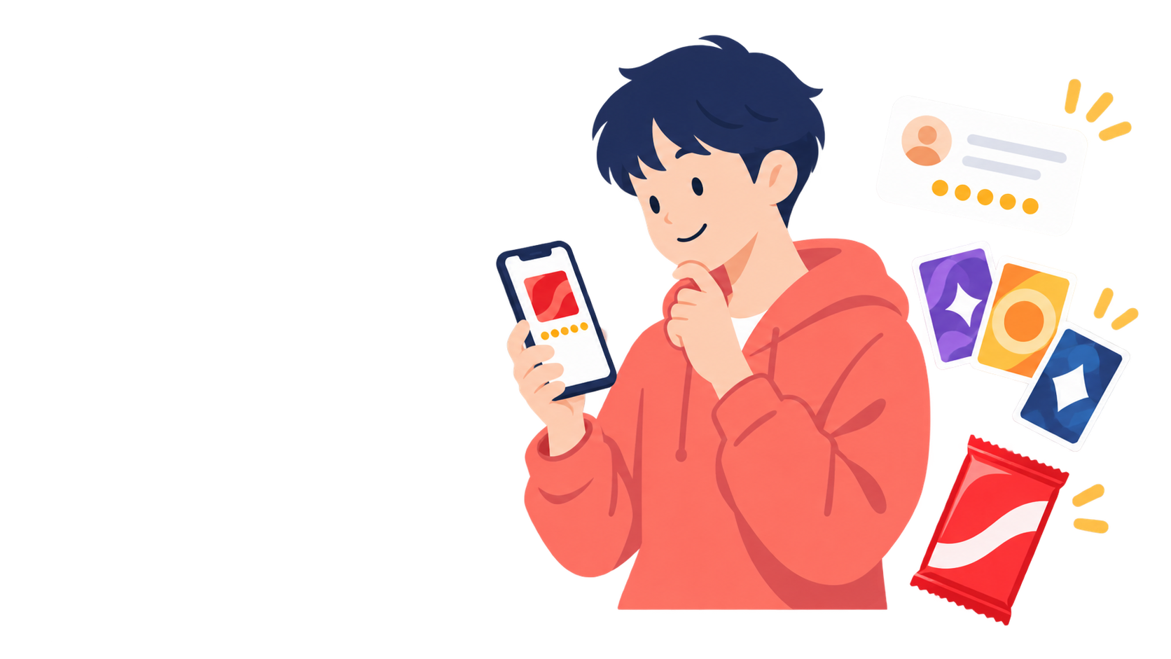 スマートフォンでオンラインオリパの口コミを確認する人物のフラットイラスト
